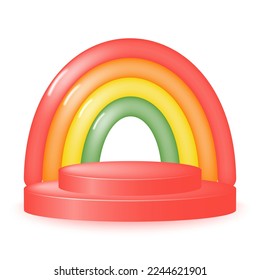 Podio 3d redondo y vacío con arco iris aislado sobre fondo blanco. Cartel con podio para presentación y promoción de productos. Ilustración vectorial.