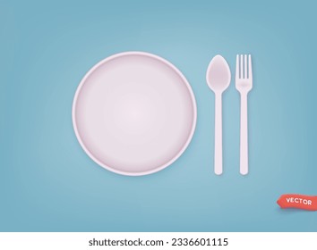 Empty Round Plate with Fork and Knife. Design template. 3D Web Vector Illustrations.  