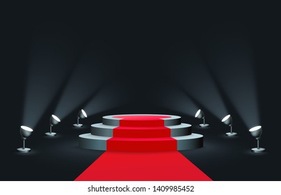 Empty round podium with red carpet illuminated by spotlights realistic style, vector illustration on dark background. Blank stepped platform pedestal for award ceremony