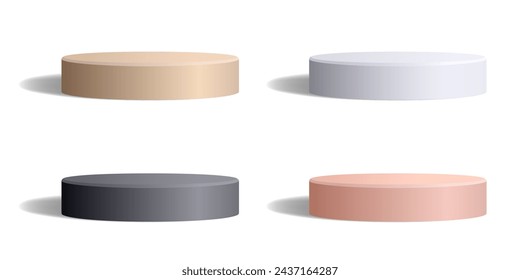 Empty round podium of white, black, pink and beige colors isolated on white. Realistic monochrome low studio platform with shadow in 3D style. Blank vector template for product presentation.