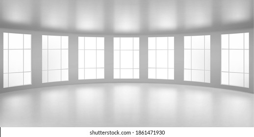 Empty round room, office with large windows, white ceiling and floor. Internal interior structure of modern city architecture, inner design project visualization, Realistic 3d vector illustration