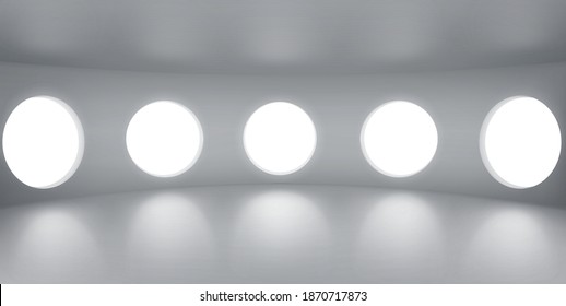 Empty Round Room With Portholes, Inner Architecture, Futuristic Office Interior Design With Large Windows On White Curve Wall And Reflection On Ceiling And Floor, Realistic 3d Vector Illustration