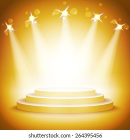Empty round shelf gold for exhibition. Backlit. 3d. Eps10.