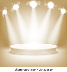 Empty round shelf gold for exhibition. Backlit. 3d. Eps10.