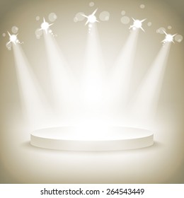 Empty round shelf gold for exhibition. Backlit. 3d. Eps10.