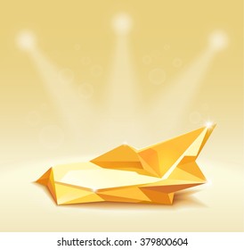 Empty round shelf gold for exhibition in the shape of a star. Backlit. 3d.