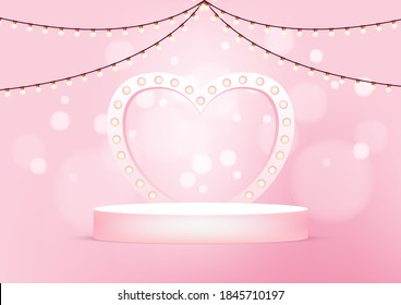 Empty round stage with heart shaped arch illuminated by light bulbs. pink studio background for product display.