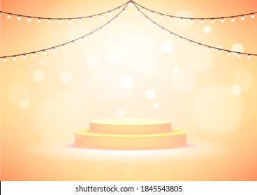 Empty round stage or podium illuminated by light bulbs. Yellow studio background for product display.