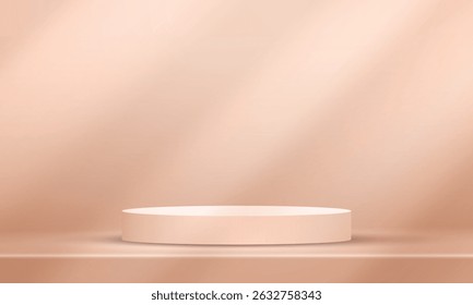 empty round stage podium on beige color studio room with windows overlay copy space background