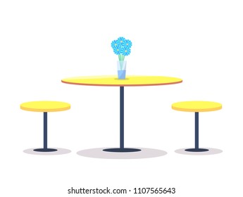 Empty round table with flowers on top and two round chairs vector illustration of seat place isolated on white. Desk for cafe or restaurant interior