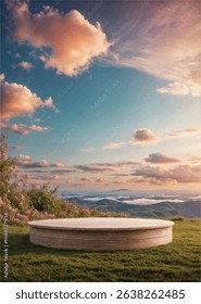 Empty Round Table for Mockup with Tea Garden Background - Top View Round Wooden Table with Dreamy Tea Landscape - Wood Table Focus with Nature Tea Fields in Soft Blur