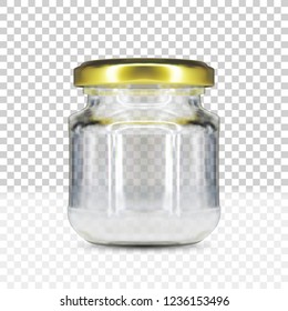Empty Round Transparent Glass Jar With Gold Screw Cap. EPS10 Vector