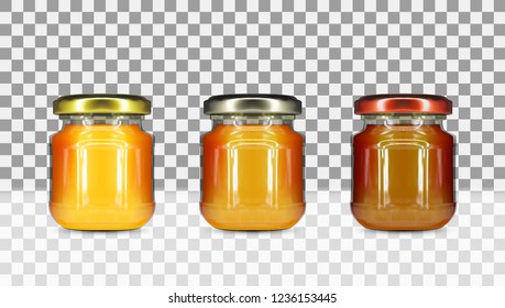 Empty Round Transparent Honey Glass Jar With Gold Screw Cap Set. EPS10 Vector