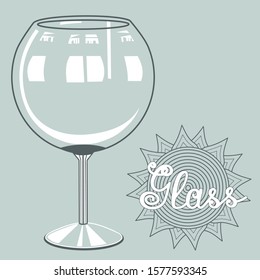 empty round transparent wineglass on a high leg in gray tones and abstract flower, vector clip art with the inscription Glass