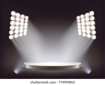 Empty round white podium, pedestal, stage illuminated by white beams of spotlights isolated on dark background. Realistic platform vector illustration. Mock-up element for your product presentation