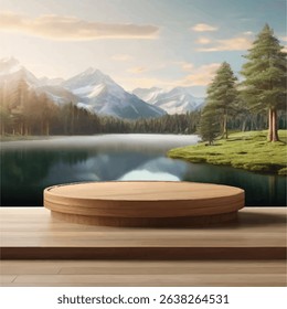 Empty Round Wood Table for Display with Nature Background - Wooden Table Circle View with Lush Green Tea Plantation - Rustic Circle Wooden Table and Blurry Tea Hills in Background
