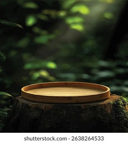 Empty Round Wood Table for Display with Nature Background - Wooden Table Circle View with Lush Green Tea Plantation - Rustic Circle Wooden Table and Blurry Tea Hills in Background