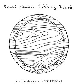 Empty Round Wooden Cutting Board. Kitchen Tools and Equipment. Hand Drawn Vector Illustration. Savoyar Doodle Style.