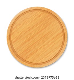 Tabla redonda de madera vacía, vista superior. Bandejas o placas de formas redondeadas, utensilios de cocina naturales y ecológicos hechos de madera aislados en fondo blanco, ilustración 3d vectorial realista