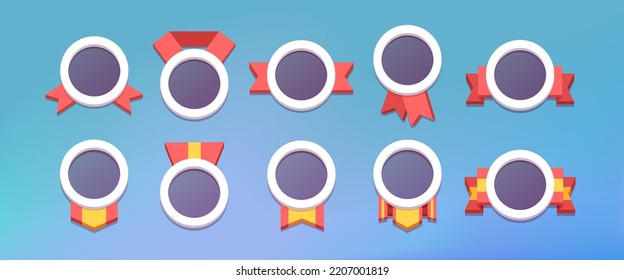 Empty Rounded borders with prize ribbon for game UI labels. Frames icons template set. Cartoon isolated graphic design gui elements.