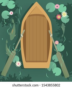 Empty row boat in the lake, covered with water lilies, view from top, EPS 8 vector illustration