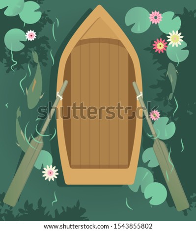 Empty row boat in the lake, covered with water lilies, view from top, EPS 8 vector illustration