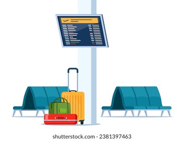 Leere Sitzreihen, Element der Flughafenlounge Innere. Wartezimmer am Terminal. Aufenthaltsraum mit Stühlen und Informationstafeln. Vektorgrafik