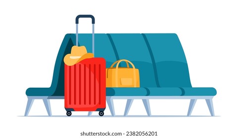 Empty rows of seats, element of airport lounge interior. Departure lounge chairs. Suitcase and backpack. Tourist case, journey and adventure baggage. Vector illustration