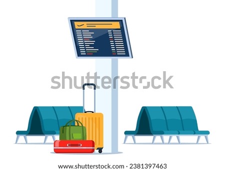 Empty rows of seats, element of airport lounge interior. Terminal waiting room. Departure lounge with chairs and information panels. Vector illustration