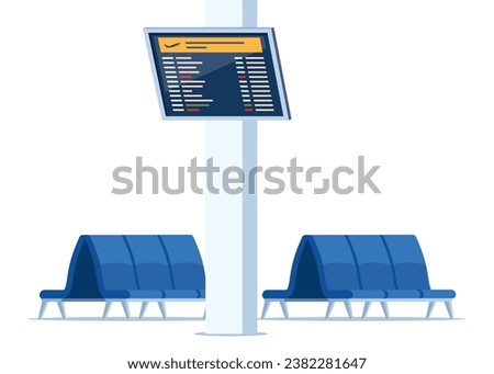 Empty rows of seats, element of airport lounge interior. Terminal waiting room. Departure lounge with chairs and information panels. Vector illustration