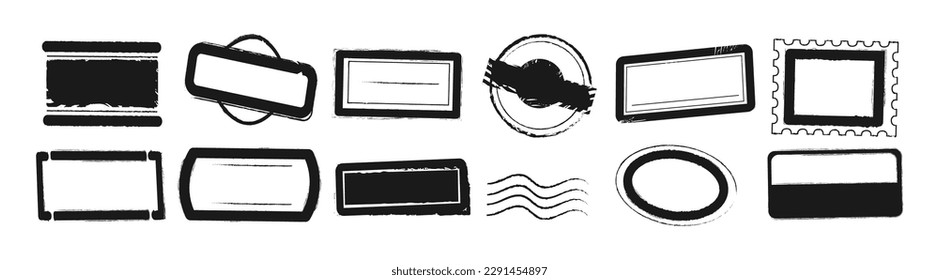 Empty rubber stamp or seal vector illustration with grunge texture. Vintage blank postmark template set. Black ink frame. Round, circle, rectangle, oval, square, wave shape. Tag, sticker, emblem