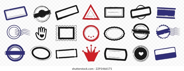 Empty rubber stamp or vintage seal vector illustration with grunge texture. Black ink frame. Round, circle, rectangle, oval, triangle, square, crown, heart, wave shape. Set of blank postmark template