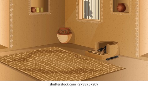 Empty Rural Village Kitchen Interior Background Illustration Featuring Traditional Clay Stove, Woven Mat, Pots, Painted Walls and Window