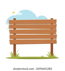 Uma placa de madeira rústica vazia com várias tábuas está em um campo gramado sob um céu azul com nuvens, pronto para o texto personalizado.