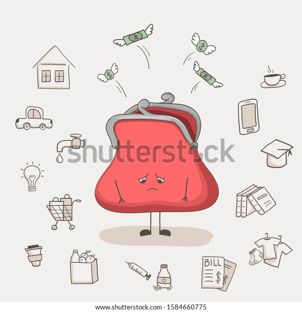 Empty sad\
wallet character with money flying away. Monthly expenses concept. \
Hand-drawn vector\
illustration.