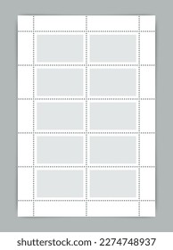 Empty sale coupons set. Collection paper postmarks. Postal stickers for mail letter. Collector post stamp template. Postage stamps set with perforated borders. Vector illustration.
