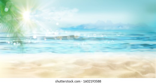 Empty Sandy Beach In Summer. Waves On The Seashore. Sunrise Over The Sea. Vector Illustration.