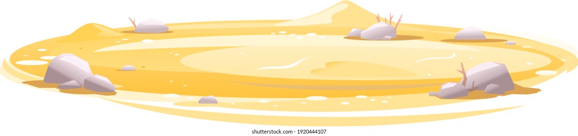 Empty sandy lawn with stones isolated, summer sunny oval glade, sand surface glade template, unfriendly deserted place, arid deserted place without water and with dried plants