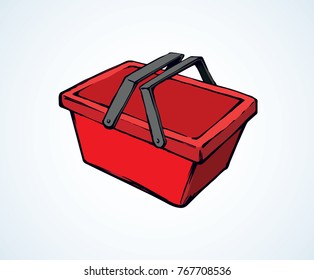 Empty scarlet warehouse self service pottle isolated on white background. Vibrant color hand drawn sketchy pictogram emblem for customer e spend in art modern doodle cartoon style with space for text
