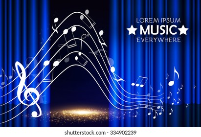 Empty Scene. Abstract Music Background with Treble Clef, Notes, Stage Curtain & Shining Floor. Vector illustration 
