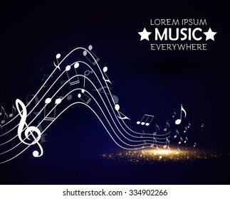Empty Scene. Abstract Music Background with Treble Clef, Notes & Shining Floor. Vector illustration 