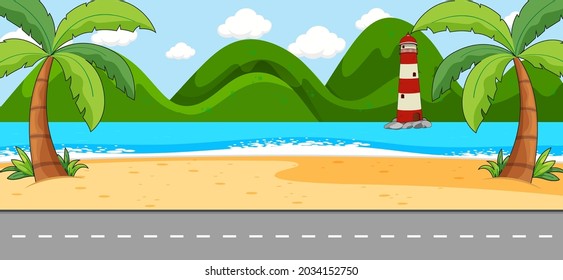 Escena vacía con paisaje playero e ilustración callejera larga