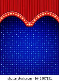 Empty scene with blue mosaic background and red curtain. Vector illustration