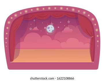 Empty scene decorated for children performance. Pink clouds, moon, starry sky fairy decoration. Red curtains. Festival stage. Design for kids presentation, concert, show. Vector illustration