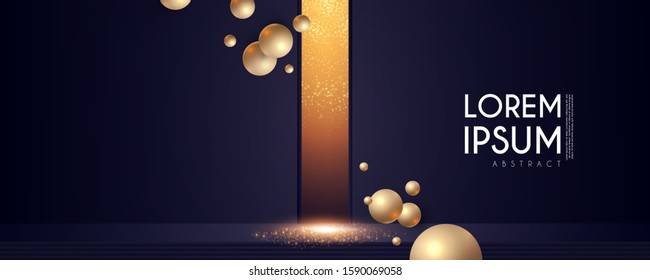 Empty scene with golden light and 3d flying spheres. Showcase and fashion design.