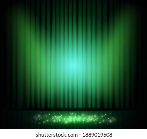 Empty scene with green curtain. Design for presentation, concert, show. Vector illustration