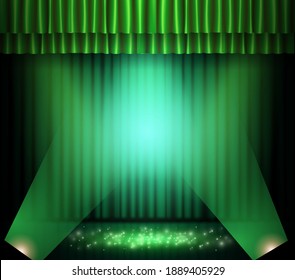 Empty scene with green curtain. Design for presentation, concert, show. Vector illustration