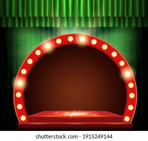 Empty scene with green curtain and red retro banner. Design for presentation, concert, show. Vector illustration