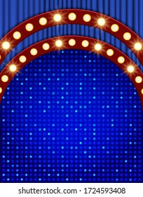 Empty scene with mosaic stage and blue curtain. Vector illustration