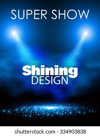 Empty Scene Poster Template with Shining Spotlights. Party, Concert, Match, Show, Sale & Win Background. Vector illustration